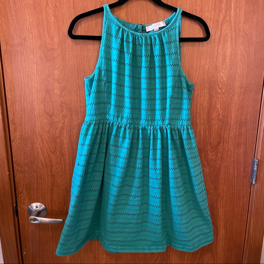 Women’s LOFT Turquoise High Neck Eyelet Skater Dress Size Medium